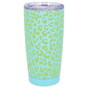 Elanze Designs 20 oz Stainless Steel On the Go Insulated Travel Tumbler With Push Top Lid, Lime Green Cheetah Leopard Print Sky Blue - 1 of 4