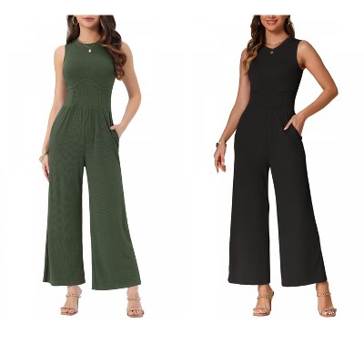 INSPIRE CHIC Women's Dressy Casual Outfits Sleeveless Crewneck Wide Leg Summer Jumpsuit 2 Packs