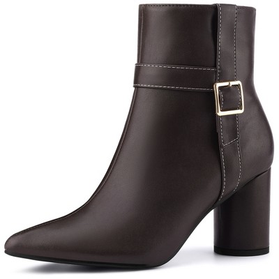 BLISSFUL STEP Women's Pointed Toe Block Chunky Heel Buckle Decor Ankle Boots