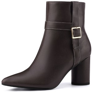 BLISSFUL STEP Women's Pointed Toe Block Chunky Heel Buckle Decor Ankle Boots - 1 of 4