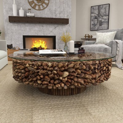 Handcrafted Driftwood Round Coffee Table with Glass Top, 48" Brown