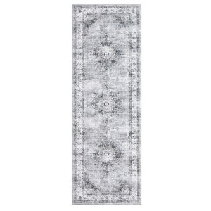 2 x 6 ft Polyester Grey Rectangular Laundry Bathroom Kitchen Floral Medallion Vintage Machine Washable Runner Rug - 1 of 4