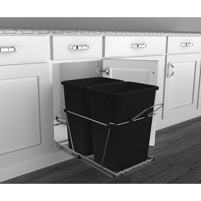 Rev-A-Shelf Double 35 Qt Full Extension Pull-Out Bottom Mount Kitchen Trash Can Waste Bin Containers & Flip Top Waste Bin Lid, Black, 4 of 7