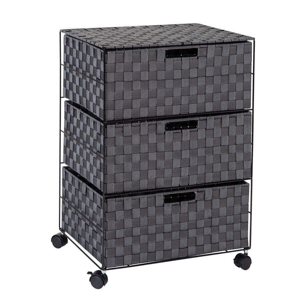 Honey-Can-Do 3 Drawer Woven Organizer with Wheels: Black Steel Frame, Decorative Storage, Plastic Drawers, 26" Height