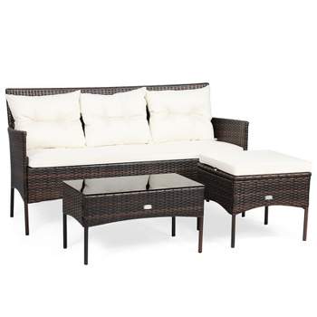 Tangkula 3 PCS Patio Furniture Set Outdoor All Weather Wicker Conversation Set w/Cushioned Ottoman & Side Table