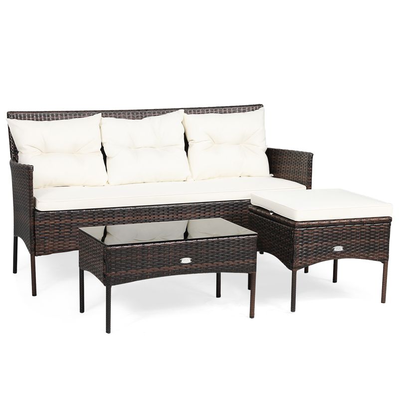 Tangkula 3 PCS Patio Furniture Set Outdoor All Weather Wicker Conversation Set w/Cushioned Ottoman & Side Table, 1 of 11