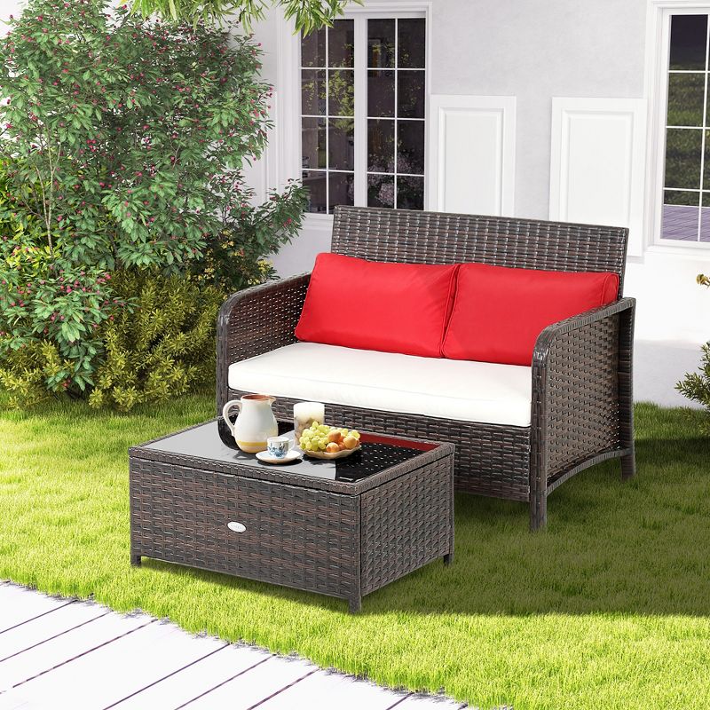 Costway 2PCS Patio Rattan Wicker Love-seat Coffee Table Set  Cushioned Bench Garden Deck, 1 of 11