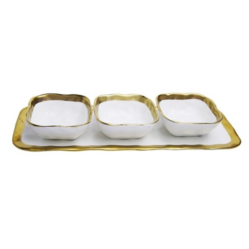 Classic Touch White Porcelain Relish Dish with 3 Square Bowls with Gold Trim - image 1 of 4