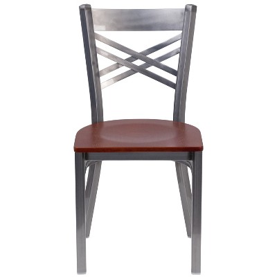 Cherry and Silver Cross Back Metal Side Chair