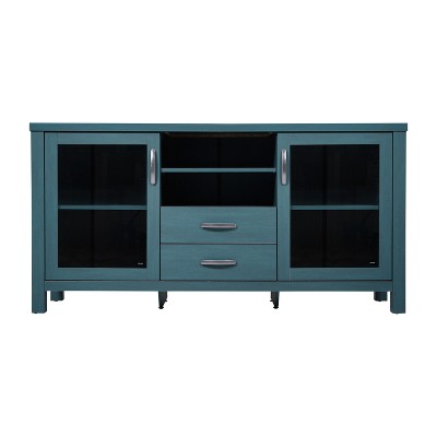 Teal Engineered Wood Buffet Sideboard with Glass Doors and Drawers