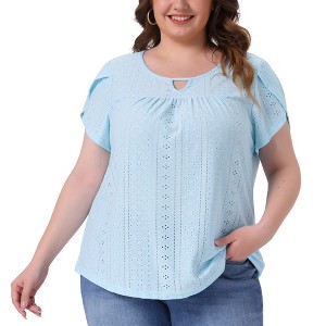 Agnes Orinda Women's Plus Size Eyelet Keyhole Petal Sleeve Round Neck Summer Blouse - 1 of 4