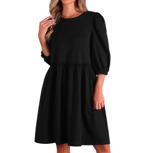 Allegra K Women's Scoop Neck Pocket Puff Sleeves Smocked Casual Midi Dress - 1 of 4