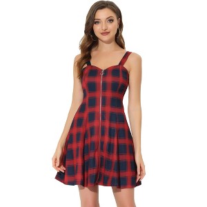 Allegra K Women's Plaid Zipper Front Strap Sleeveless Mini Party A-Line Dress - 1 of 4