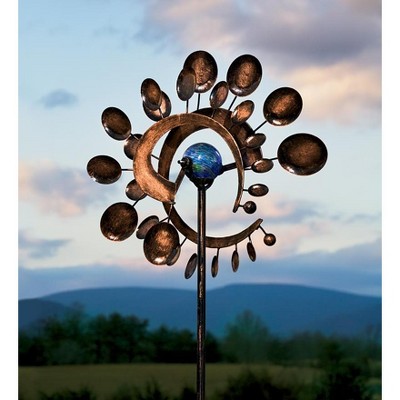 Wind & Weather Dual-Motion Copper-Colored Metal Wind Spinner with Glowing Orb