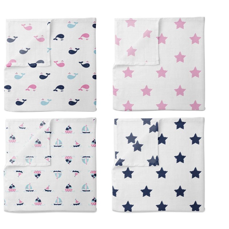 Bacati - Little Sailor Blue/Navy/Pink Girls Muslin Swaddling Blankets set of 4, 2 of 6