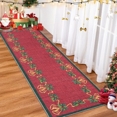 Christmas Area Rugs, Bells Holly Berry Ribbon Garland Traditions Throw Carpets for Living Room Bedroom Kitchen Dining Room Nursery Office