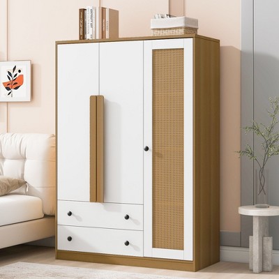 3-Doors Wooden Rattan Wardrobe Storage for Bedroom,with 2 Drawers,White+Nature