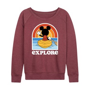 Women's - Disney - Mickey Kayak Explore Lightweight French Terry Wide Neck Long Sleeve Graphic Shirt - 1 of 4