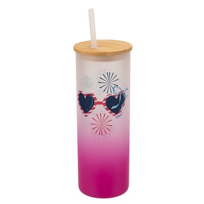 Elanze Designs 25 Ounce Frosted Glass Gradient Travel Tumbler With Straw and Wooden Lid, Patriotic Sunglasses Pink