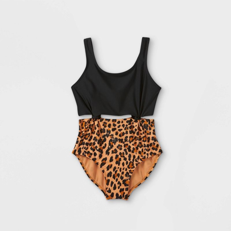 Girls' Leopard Print Knotted One Piece Swimsuit - art class™ Black, 1 of 6