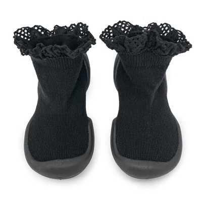 Komuello Toddler Girl Sock Shoes - Lace Trim Black