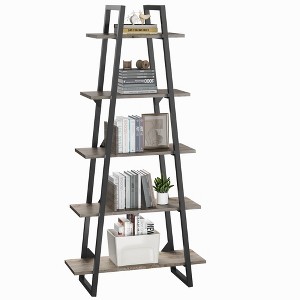 5 Tier Wood Bookshelf, Tall Open Rustic Etagere Bookcase Ladder, Standing Display Shelves for Home Living Room Bedroom Office Storage, Light Grey Oak - 1 of 4