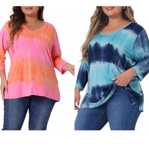 Women's Plus Size 2 Pieces Tie Dye Side Slit 3/4 Sleeve V Neck Casual Stripe Blouse - Agnes Orinda - 1 of 4