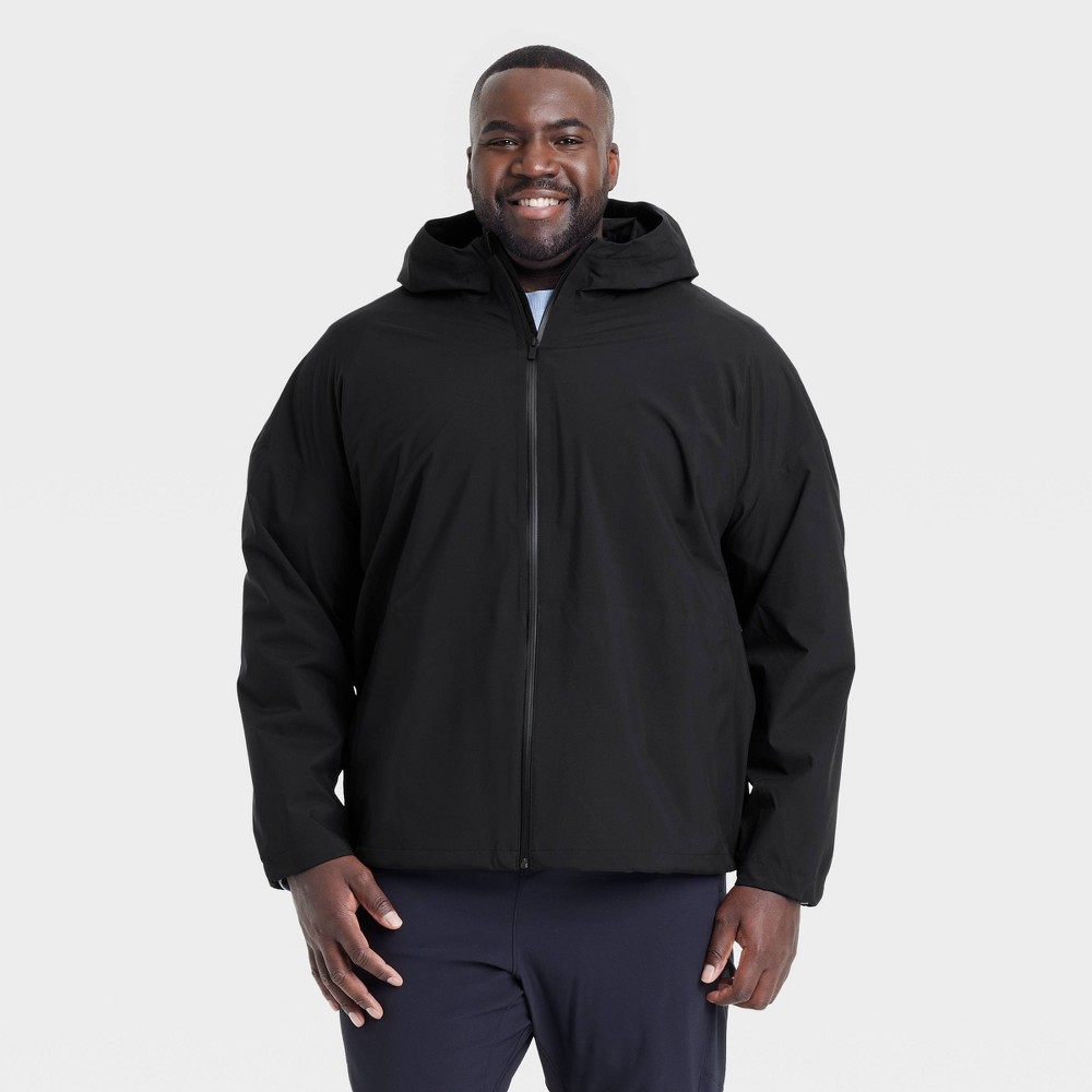 Men's Big Waterproof Rain Coat - All In Motion™ Black 2XL: Recycled Polyester, Lightweight, Regular Fit, Adjustable Hood