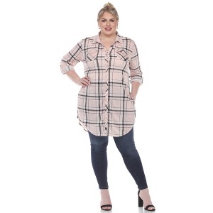 Women's Printed Plaid Roll Tab Tunic - White Mark - 1 of 4