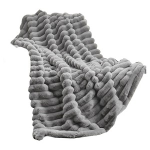 Itopfox Cozy Bliss Faux Fur Throw Blanket for Couch, Warm Plush Striped Blanket for Sofa Bedroom Living Room, Gray - 1 of 4