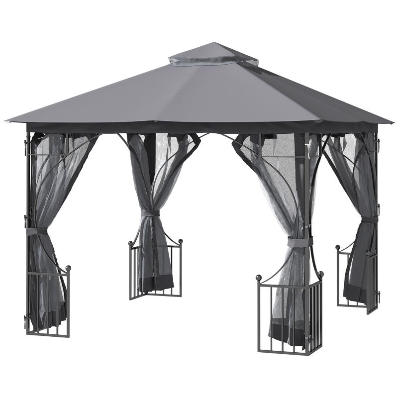 Outsunny 10' x 10' Patio Gazebo Canopy Outdoor Pavilion with Mesh Netting SideWalls, 2-Tier Polyester Roof, & Steel Frame, 5 of 7