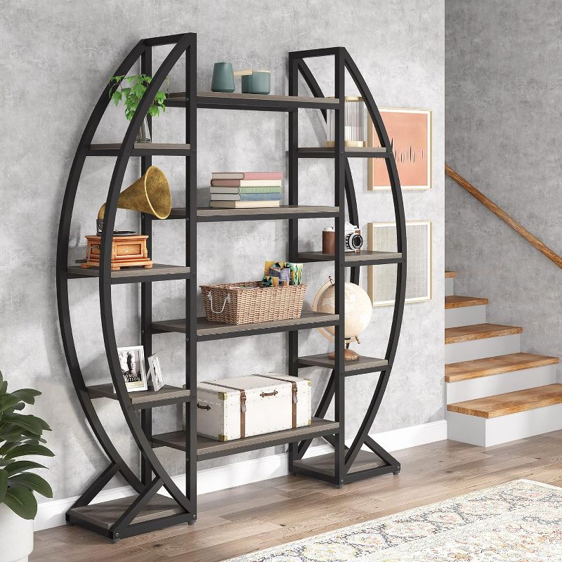 Tribesigns 55" Oval Bookshelf, Triple Wide 5 Tier Etagere Bookcase, Industrial Display Shelves for Living Room, 2 of 9