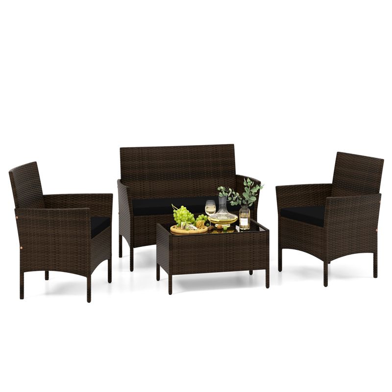 Tangkula 4 Piece Patio Rattan Conversation Set Outdoor Wicker Furniture Set w/ Chair Loveseat & Tempered Glass Table Beige/Black/Gray/Navy/Turquoise, 1 of 11