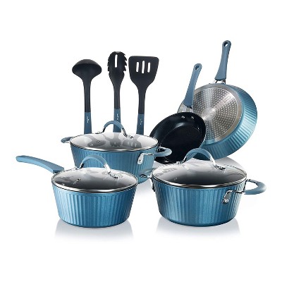 NutriChef 11 Piece Nonstick Ceramic Elegant Lines Stripe Pattern Cooking Kitchen Cookware Pots and Pan Set with Lids and Utensils, Royal Blue