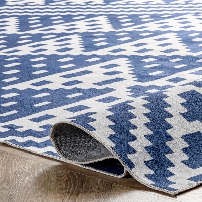 Navy and White Geometric Synthetic 4' x 6' Washable Rug