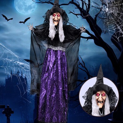 Joyfy 47” Halloween Hanging Animated Witch,Sound Activation and Purple Eyes for Outdoor & Indoor Decor,Halloween Haunted House Props Scary Decor