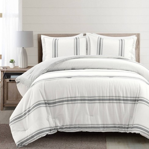 Queen King Size Bed White Black Gray Grey Striped Geo 8 pc Comforter Set  Bedding