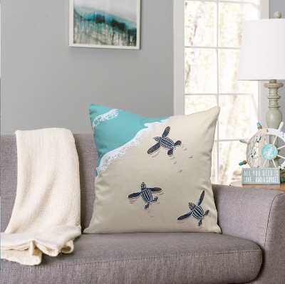 Embroidered Cotton Throw Pillow with Leatherback Turtle Design