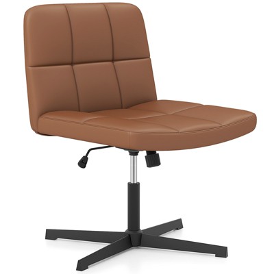 Tangkula Modern Criss Cross Chair PU Leather Upholstered Armless Cross Legged Office Desk Chair No Wheels Beige/Brown