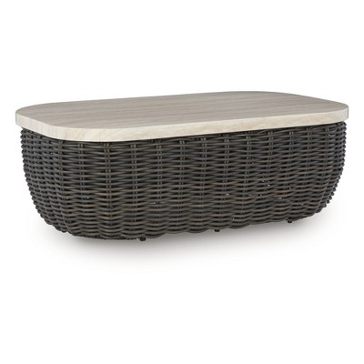 Signature Design by Ashley Kimora Outdoor Patio Coffee Table - Weather Resistant Wicker with Marble-Look Aluminum Top, Dark Brown