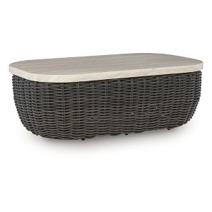 Signature Design by Ashley Kimora Outdoor Patio Coffee Table - Weather Resistant Wicker with Marble-Look Aluminum Top, Dark Brown - 1 of 4