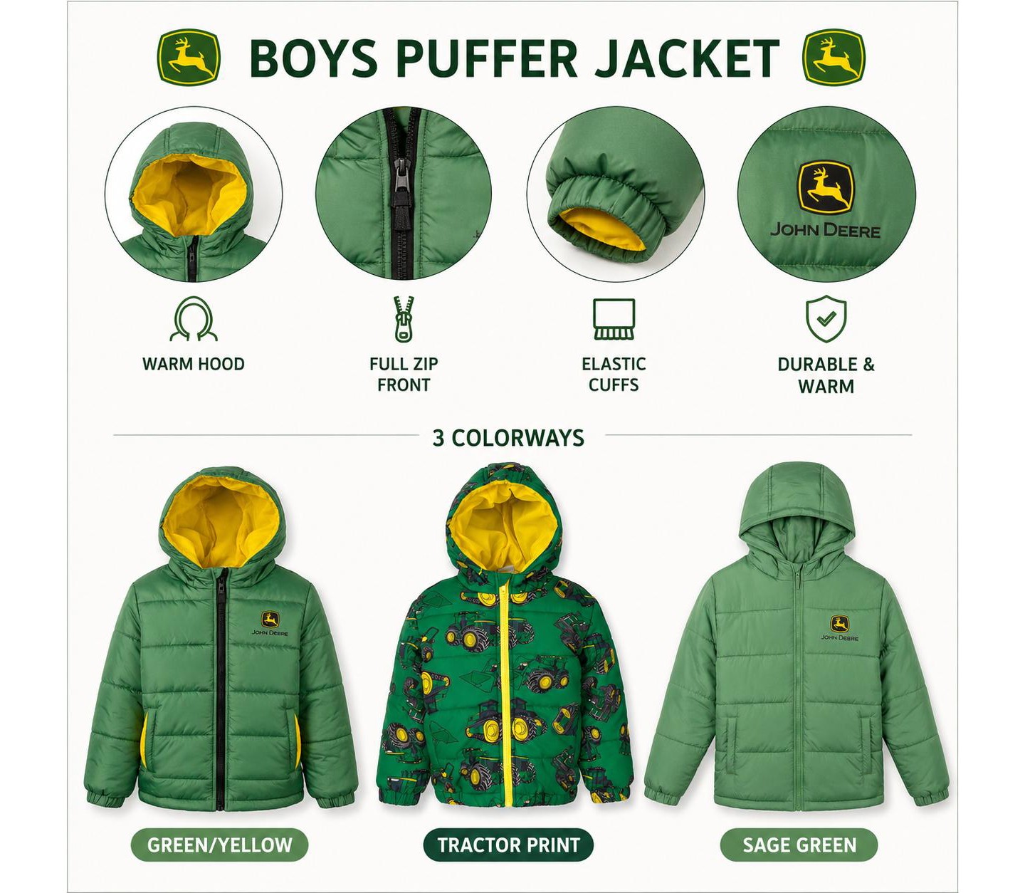 Мужская куртка John Deere Classic Solid Quilted Hooded Puffer Jacket with Front Pockets Forest Green, цвет: Зелёный — фото 5