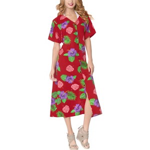 LA LEELA Women's Dress Summer Vacation Beachwear Bathing Suit Button Up Beach Long Shirts Cover ups Night T Shirt Large-X-Large Red, Floral - 1 of 4