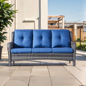POCASSY 74" Wide Outdoor Wicker Patio Sofa with Cushions, All Weather Wicker Furniture Sofa 3 Seater Couch for Porch, Deck, Balcony - 1 of 4