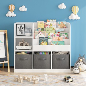 Kids Bookshelf,Book Rack with 3 Collapsible Fabric Storage Bins,Book Display Rack and Toy Storage Organizer for Bedroom Nursery-Baofuwish - 1 of 4