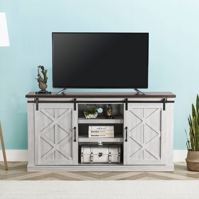 Coast-to-Coast Sliding Barn-Door TV Stand in Saw Cut-Off White