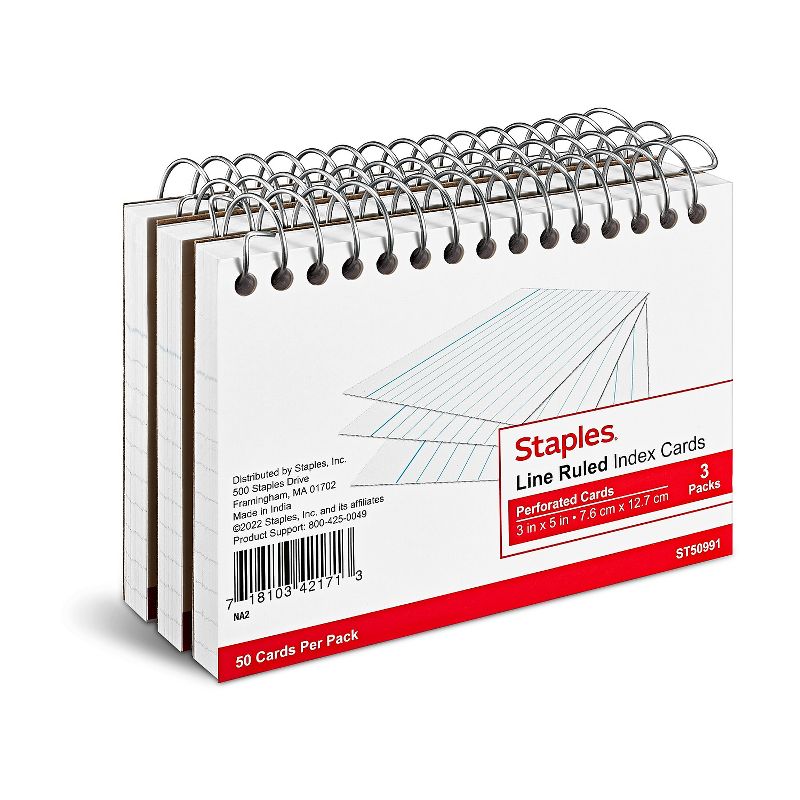Staples 3" x 5" Line Ruled White Spiral-Bound Index Cards 3/Pack (50991) TR50991, 1 of 6