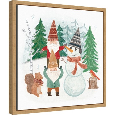 Woodland Gnomes and Snowman Holiday Canvas Art Print, 16 x 16 inches