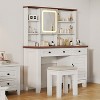 Farmhouse Makeup Vanity Desk with Mirror and Lights, Power Outlet, 2 Drawers and Cushioned Stool, Glass Top for Bedroom Dressing Room - 3 of 4