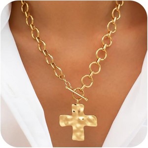 14K Gold Plated Chunky Necklace, Cross Heart Pendant Necklace Layered Herringbone Cuban Link Non Tarnish - 1 of 4